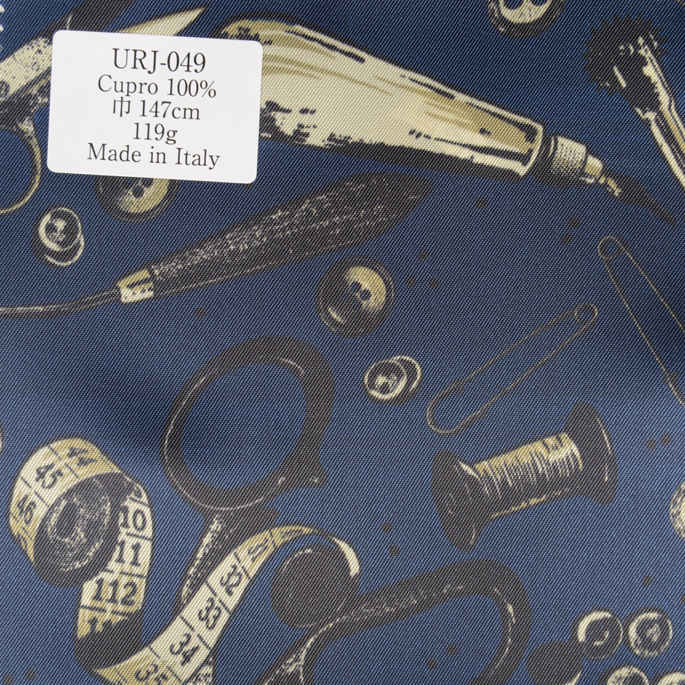 URJ-049 Made In Italy Cupra 100% Printed Lining Tailoring Tools And Button Pattern Blue TCS