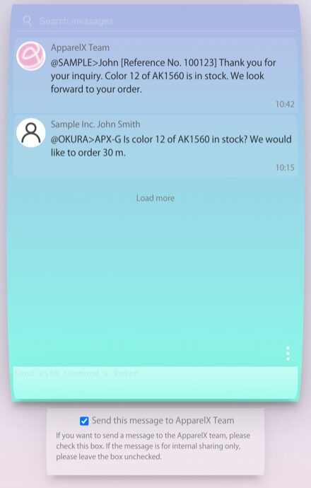 The ApparelX Message™ screen with the input box and the Send this message to ApparelX Team checkbox