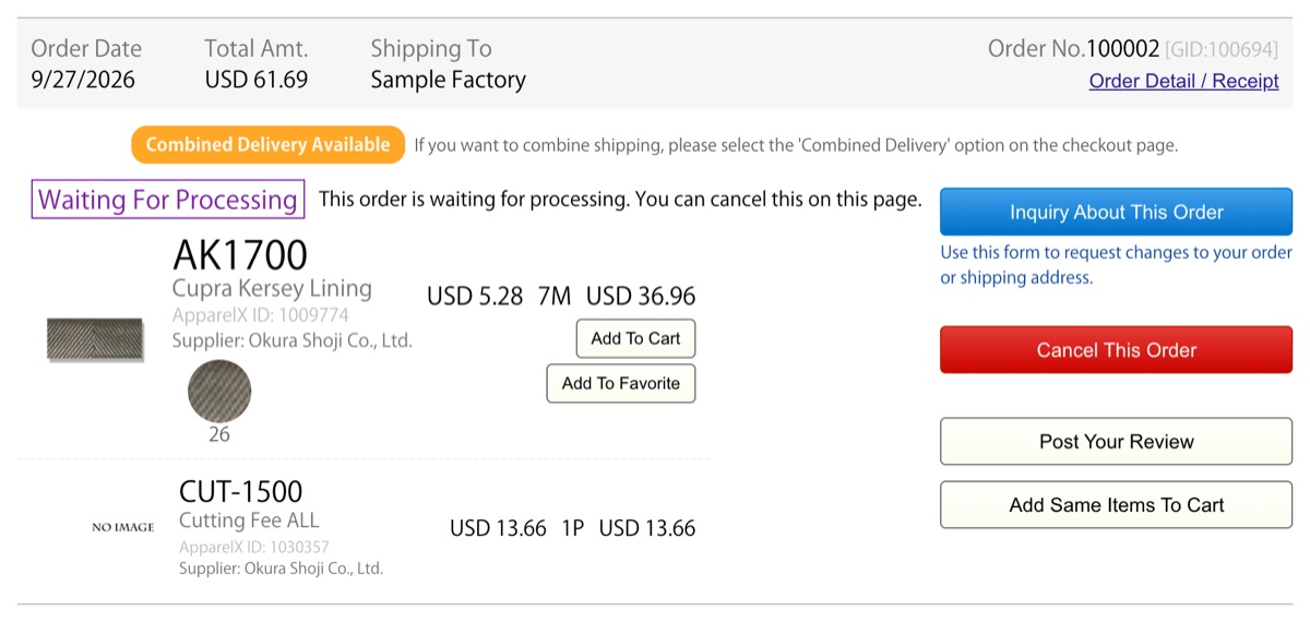 An order in Order History with the status Waiting For Processing and the Cancel This Order button