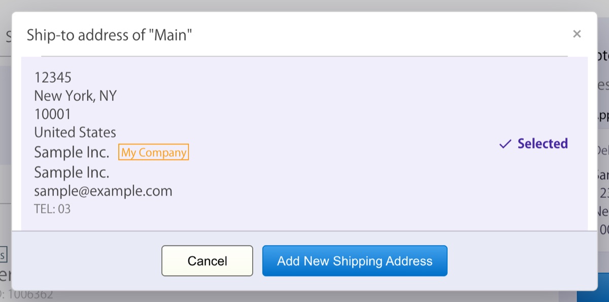 List of shipping addresses opened from the bag header in the cart
