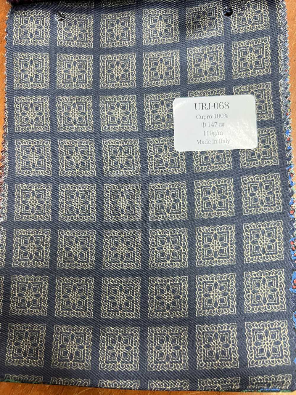 URJ-068 100% Italian Cupro Printed Lining Base Navy Blue Pattern Beige TCS