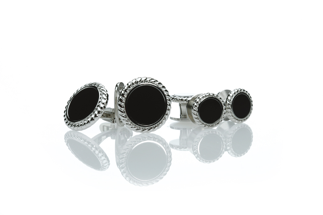 A-1 Sterling Silver Formal Cuffs &amp; Stud Set Onyx Silver Round[Formal Accessories] Yamamoto(EXCY)