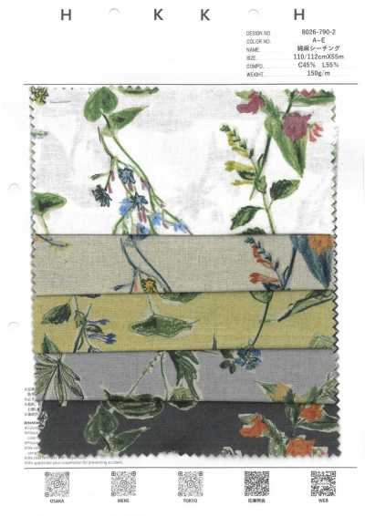 8026-790-2 Cotton Linen Sheeting Hand-drawn Flowers