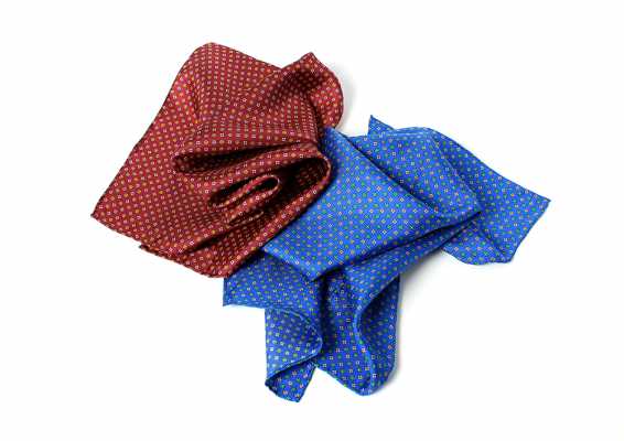 PCF-3 Pocket Square, Italian Printed Silk, Small Floral Pattern, Blue/Wine Red