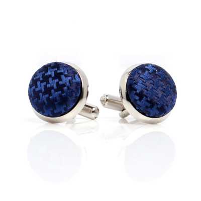 Covered Cufflinks Made With VANNERS Silk Fabric, Houndstooth Pattern, Navy Blue