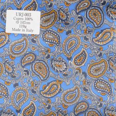 Italian-made 100% Cupro Printed Lining, Blue Paisley Pattern