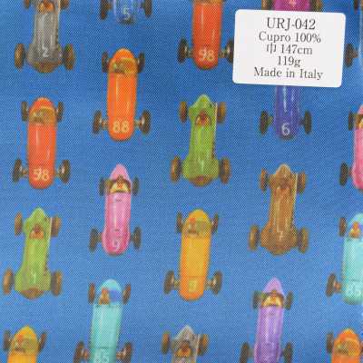 URJ-042 Made In Italy 100% Cupra Printed Lining, Blue Classic Car Pattern