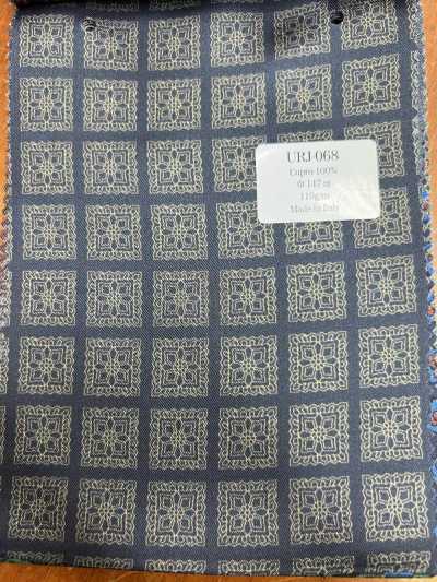 Italian-made 100% Cupro Printed Lining, Base Navy Blue, Beige Pattern