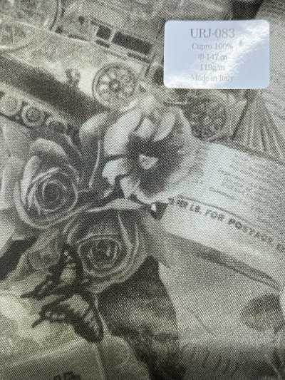 URJ-083 Made In Italy Cupro 100% Printed Lining Roses And Train Sepia