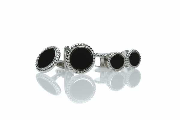 A-1 Sterling Silver Formal Cuffs & Stud Set Onyx Silver Round