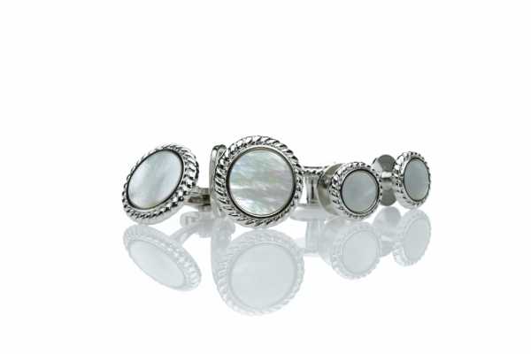 A-3 Sterling Silver Formal Cufflinks & Stud Set White Mother-of-Pearl Silver Round
