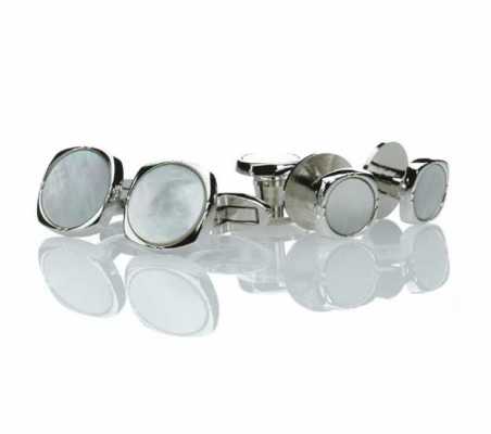 K-3 Pure Silver Formal Cufflinks & Stud Set Mother Of Pearl Silver Rounded Square