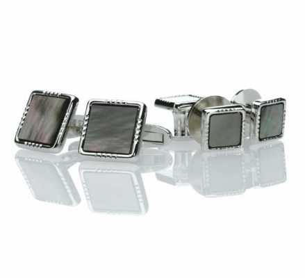 P-2 Sterling Silver Formal Cufflinks & Stud Set, Black Mother-of-Pearl, Silver Square